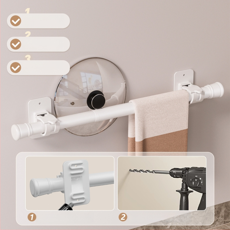 Bez vrtania: Kúpeľňový úložný systém s pevným lepidlom, vysúvacia tyč na uteráky a tyč na sprchový záves