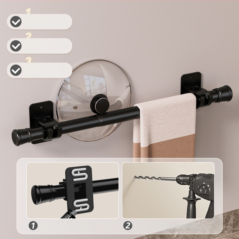 Bez vrtania: Kúpeľňový úložný systém s pevným lepidlom, vysúvacia tyč na uteráky a tyč na sprchový záves