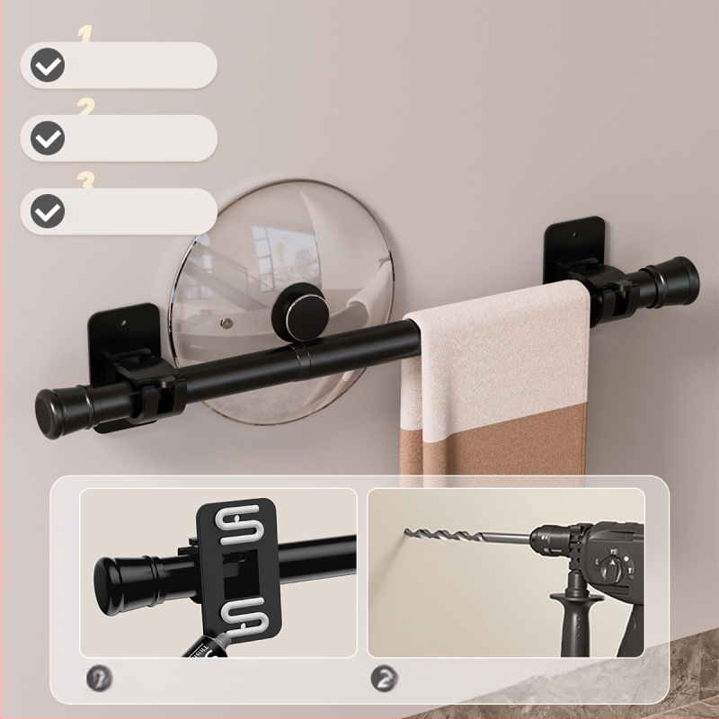 Bez vrtania: Kúpeľňový úložný systém s pevným lepidlom, vysúvacia tyč na uteráky a tyč na sprchový záves