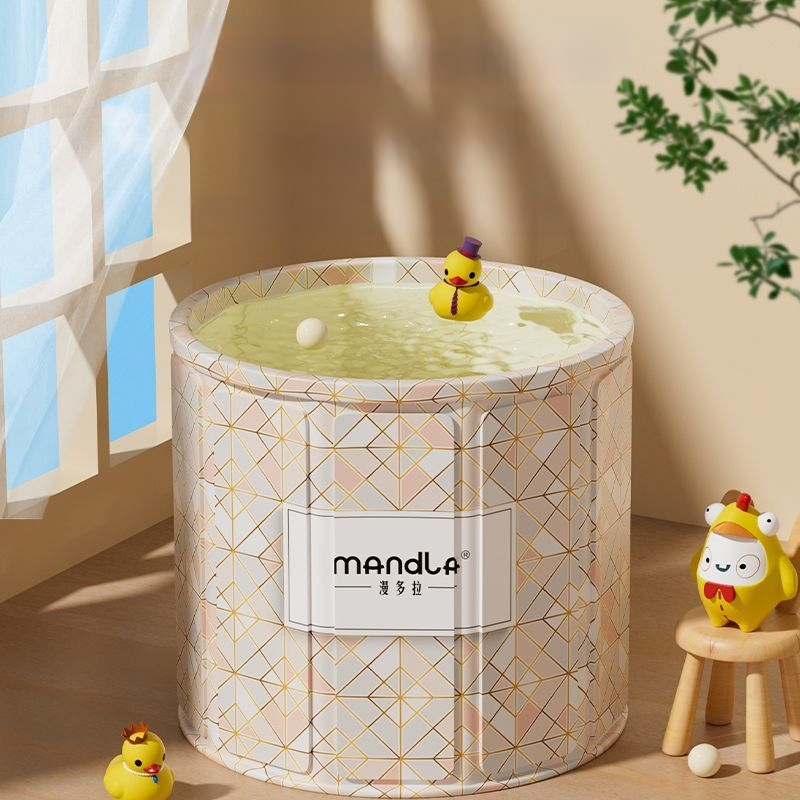 Sulankstoma suaugusiųjų vonios kibiras — namų naudojimui pilnam panardinimui, su pastovia temperatūra; medžiagos: tanki plokštė, perlų medvilnė, Oxford audinys, PVC