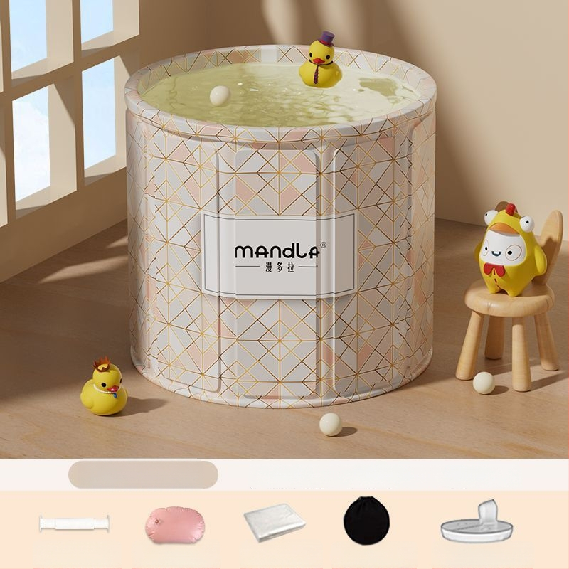 Sulankstoma suaugusiųjų vonios kibiras — namų naudojimui pilnam panardinimui, su pastovia temperatūra; medžiagos: tanki plokštė, perlų medvilnė, Oxford audinys, PVC