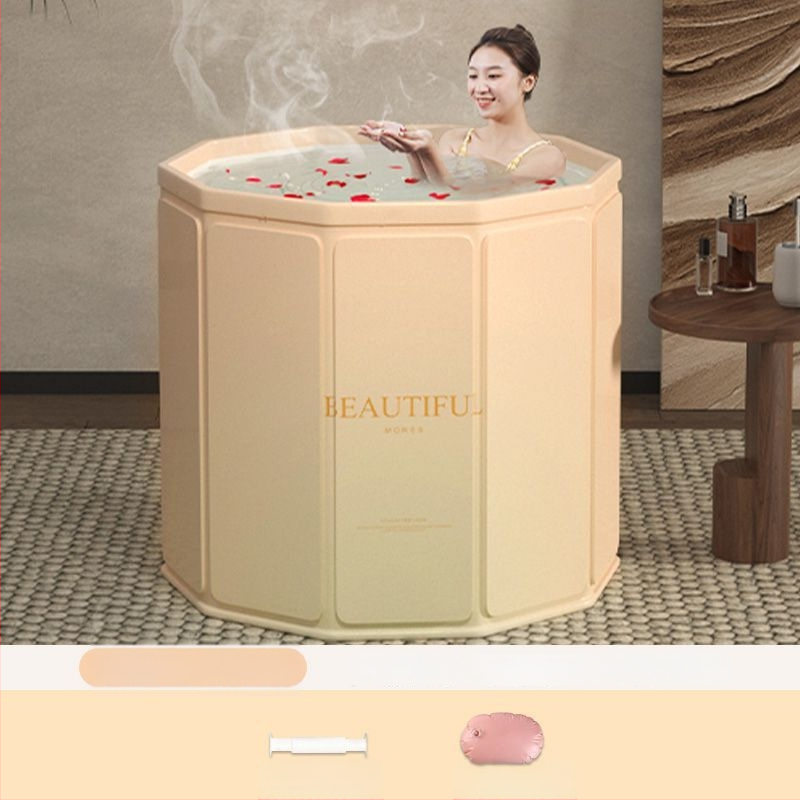 Sulankstoma suaugusiųjų vonios kibiras — namų naudojimui pilnam panardinimui, su pastovia temperatūra; medžiagos: tanki plokštė, perlų medvilnė, Oxford audinys, PVC