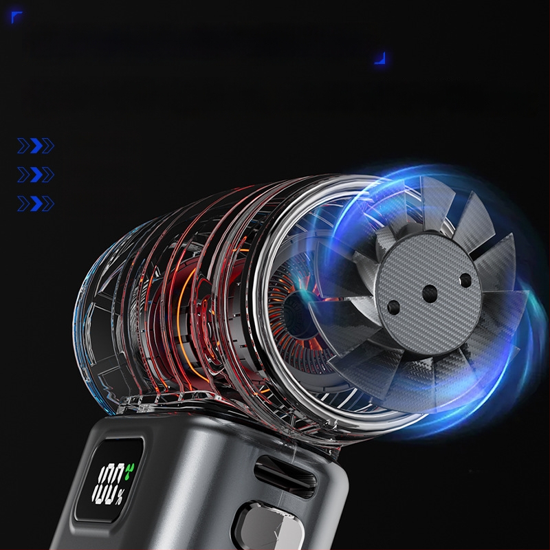 Käeshoidav ventilaator brushless mootoriga, 6 tiivad, sisseehitatud aku 4000–6000 mAh, 5 kiirust, vaikselt tööd <36 dB