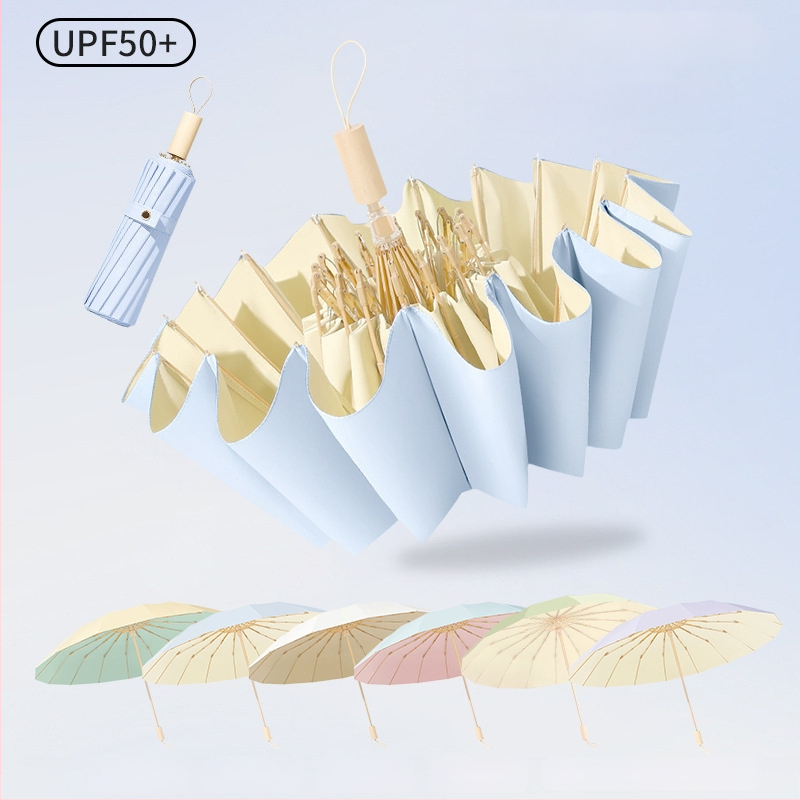 Saulės skėtis su 16 rėmų, vėjo atsparus sulankstomas tri-fold dizainas, aliuminio rėmas, lydinio centrinė lazda, medinė rankena, 210T audinys su Color Glue danga, UPF 50+, rankinis atidarymas uždarymas