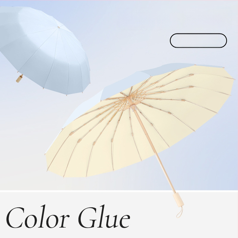 Saulės skėtis su 16 rėmų, vėjo atsparus sulankstomas tri-fold dizainas, aliuminio rėmas, lydinio centrinė lazda, medinė rankena, 210T audinys su Color Glue danga, UPF 50+, rankinis atidarymas uždarymas