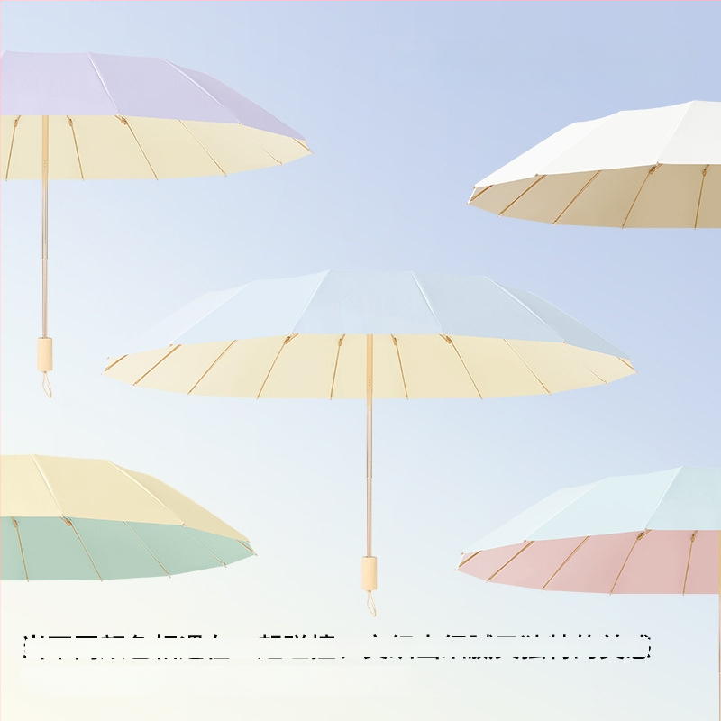 Saulės skėtis su 16 rėmų, vėjo atsparus sulankstomas tri-fold dizainas, aliuminio rėmas, lydinio centrinė lazda, medinė rankena, 210T audinys su Color Glue danga, UPF 50+, rankinis atidarymas uždarymas