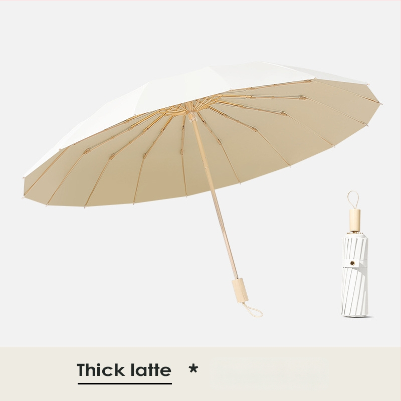 Saulės skėtis su 16 rėmų, vėjo atsparus sulankstomas tri-fold dizainas, aliuminio rėmas, lydinio centrinė lazda, medinė rankena, 210T audinys su Color Glue danga, UPF 50+, rankinis atidarymas uždarymas