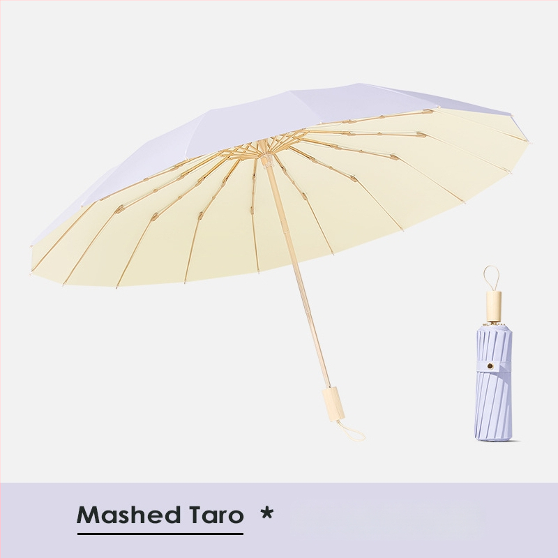 Saulės skėtis su 16 rėmų, vėjo atsparus sulankstomas tri-fold dizainas, aliuminio rėmas, lydinio centrinė lazda, medinė rankena, 210T audinys su Color Glue danga, UPF 50+, rankinis atidarymas uždarymas