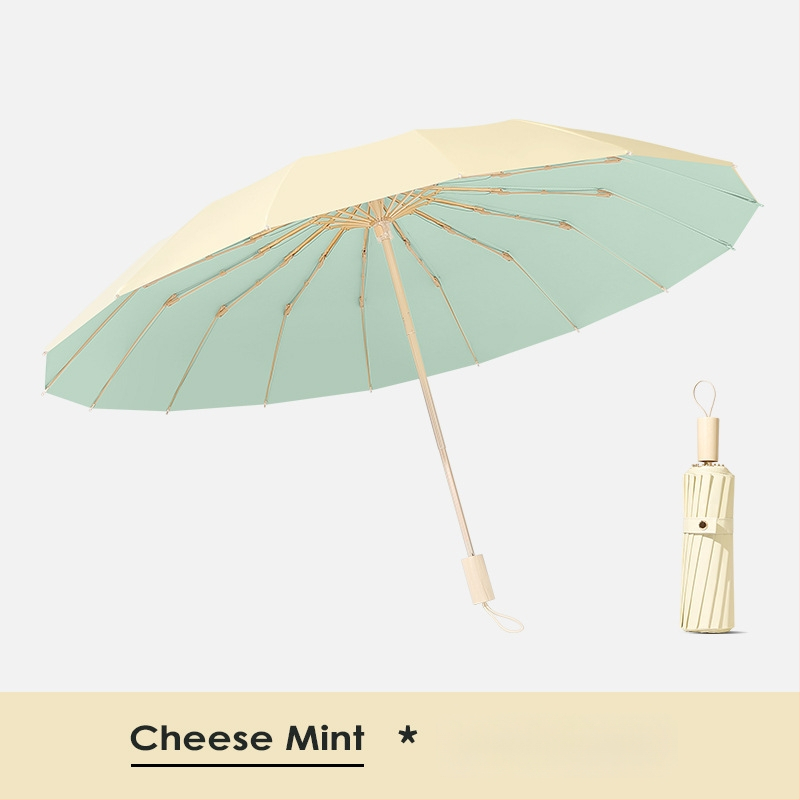 Saulės skėtis su 16 rėmų, vėjo atsparus sulankstomas tri-fold dizainas, aliuminio rėmas, lydinio centrinė lazda, medinė rankena, 210T audinys su Color Glue danga, UPF 50+, rankinis atidarymas uždarymas