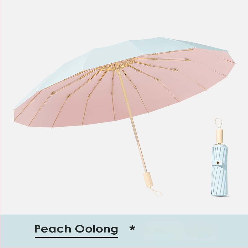 Saulės skėtis su 16 rėmų, vėjo atsparus sulankstomas tri-fold dizainas, aliuminio rėmas, lydinio centrinė lazda, medinė rankena, 210T audinys su Color Glue danga, UPF 50+, rankinis atidarymas uždarymas