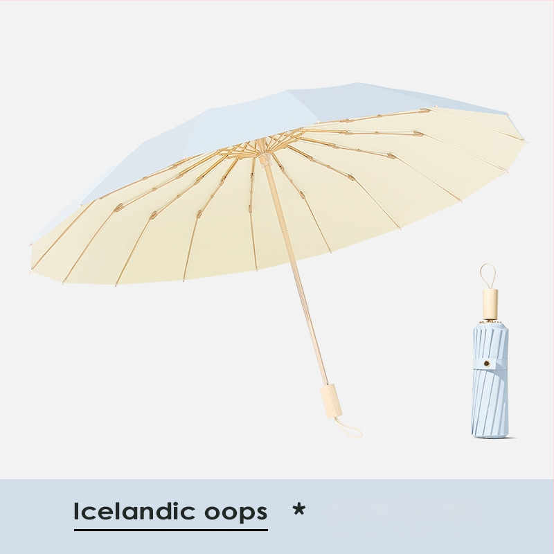 Saulės skėtis su 16 rėmų, vėjo atsparus sulankstomas tri-fold dizainas, aliuminio rėmas, lydinio centrinė lazda, medinė rankena, 210T audinys su Color Glue danga, UPF 50+, rankinis atidarymas uždarymas