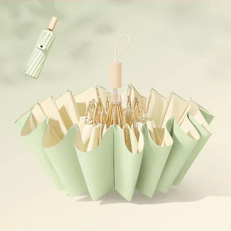 Saulės skėtis su 16 rėmų, vėjo atsparus sulankstomas tri-fold dizainas, aliuminio rėmas, lydinio centrinė lazda, medinė rankena, 210T audinys su Color Glue danga, UPF 50+, rankinis atidarymas uždarymas