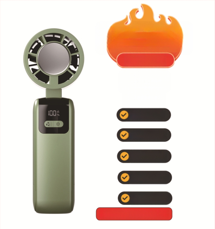 Rankinis sulankstomas aušintuvo ventiliatorius su bešepiniu varikliu, 3.7V 5W, įkraunama ličio baterija 1200–2000 mAh, triukšmas iki 36 dB, bežingsnė greičio reguliavimas, svoris 250 g, matmenys 185×65×65 mm