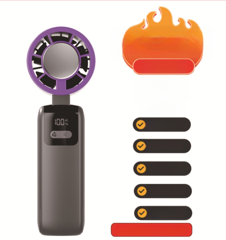 Rankinis sulankstomas aušintuvo ventiliatorius su bešepiniu varikliu, 3.7V 5W, įkraunama ličio baterija 1200–2000 mAh, triukšmas iki 36 dB, bežingsnė greičio reguliavimas, svoris 250 g, matmenys 185×65×65 mm