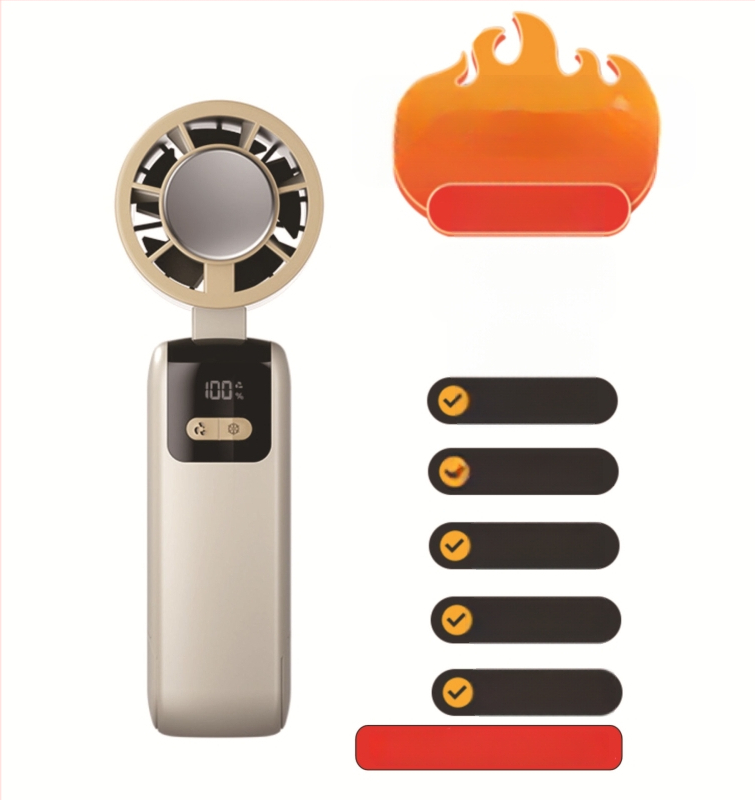 Rankinis sulankstomas aušintuvo ventiliatorius su bešepiniu varikliu, 3.7V 5W, įkraunama ličio baterija 1200–2000 mAh, triukšmas iki 36 dB, bežingsnė greičio reguliavimas, svoris 250 g, matmenys 185×65×65 mm