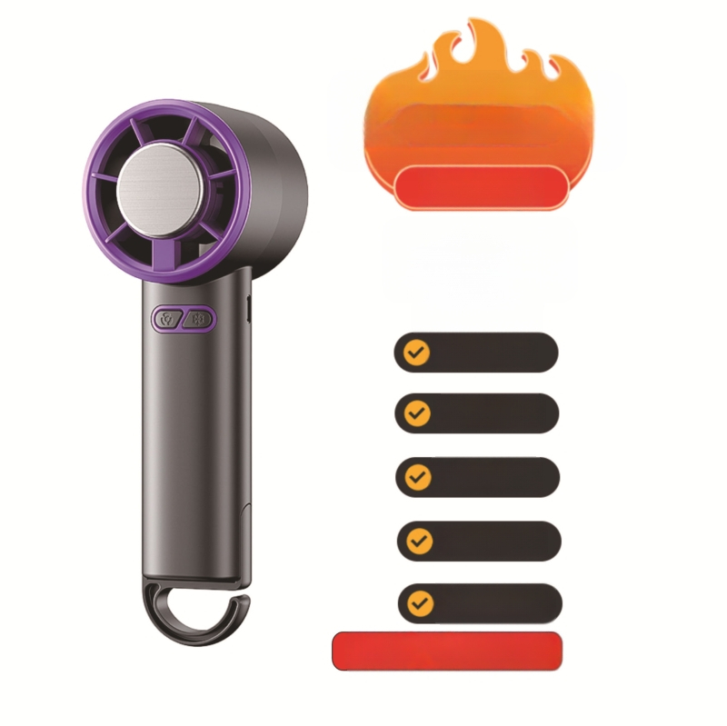 Rankinis sulankstomas aušintuvo ventiliatorius su bešepiniu varikliu, 3.7V 5W, įkraunama ličio baterija 1200–2000 mAh, triukšmas iki 36 dB, bežingsnė greičio reguliavimas, svoris 250 g, matmenys 185×65×65 mm