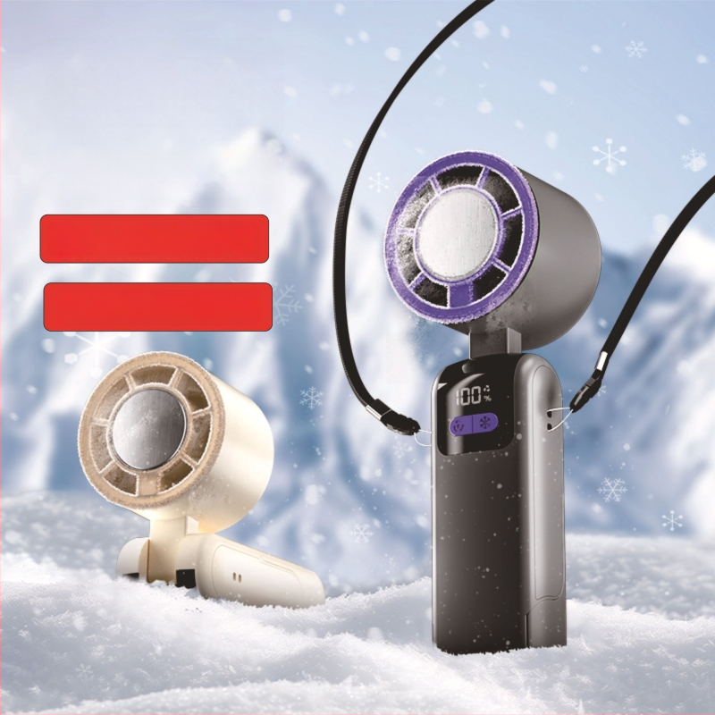 Rankinis sulankstomas aušintuvo ventiliatorius su bešepiniu varikliu, 3.7V 5W, įkraunama ličio baterija 1200–2000 mAh, triukšmas iki 36 dB, bežingsnė greičio reguliavimas, svoris 250 g, matmenys 185×65×65 mm