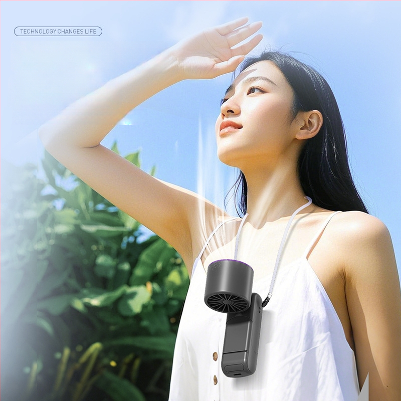 Rankinis sulankstomas aušintuvo ventiliatorius su bešepiniu varikliu, 3.7V 5W, įkraunama ličio baterija 1200–2000 mAh, triukšmas iki 36 dB, bežingsnė greičio reguliavimas, svoris 250 g, matmenys 185×65×65 mm