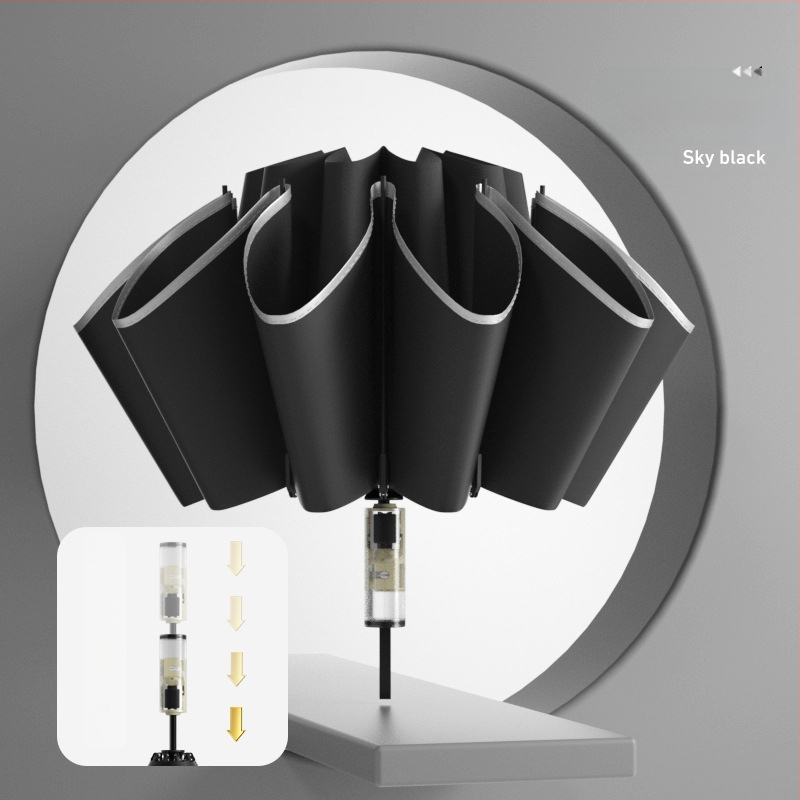 Trīsdaļīgs lietussargs ar ārējo apgriešanu, pilnīgi automātiska atvēršana un aizvēršana, 10 ribas, UPF > 50, audums 190T