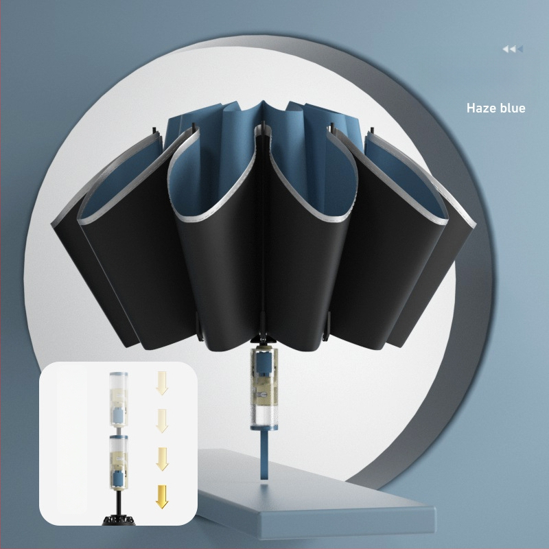 Trīsdaļīgs lietussargs ar ārējo apgriešanu, pilnīgi automātiska atvēršana un aizvēršana, 10 ribas, UPF > 50, audums 190T