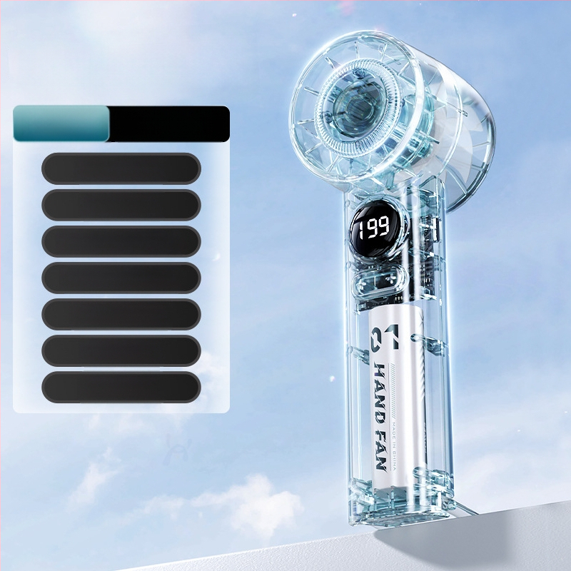 Rankinis mini ventiliatorius, 6 greičiai oro srautų, įdiegta 1200–2000 mAh baterija, įkraunamas, 3 mentelės, tylus veikimas (<36 dB), 5V maitinimas