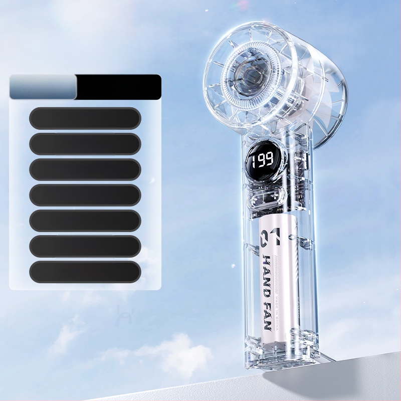 Rankinis mini ventiliatorius, 6 greičiai oro srautų, įdiegta 1200–2000 mAh baterija, įkraunamas, 3 mentelės, tylus veikimas (<36 dB), 5V maitinimas