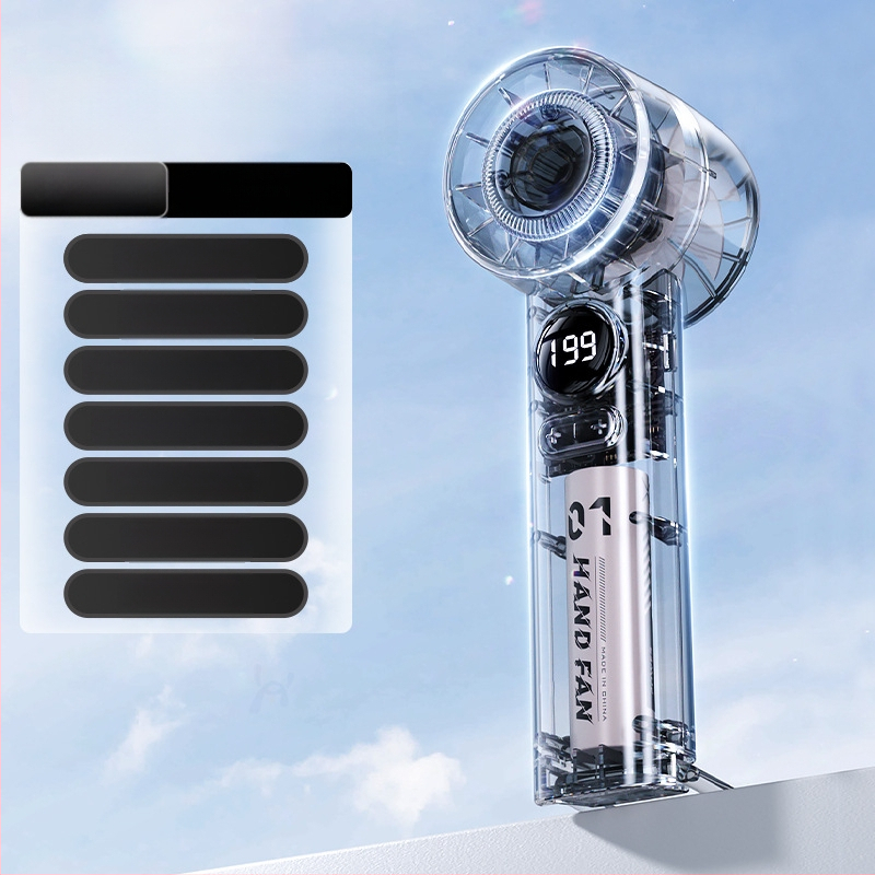 Rankinis mini ventiliatorius, 6 greičiai oro srautų, įdiegta 1200–2000 mAh baterija, įkraunamas, 3 mentelės, tylus veikimas (<36 dB), 5V maitinimas