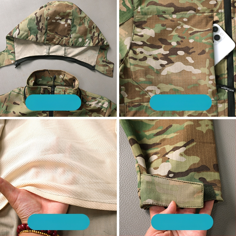 Išorinė taktikinė striukė vyrams, kamufliažas raštas, kvėpuojanti ir atspari dėvėjimui, sintetinių pluoštų mišinys, pavasaris–ruduo