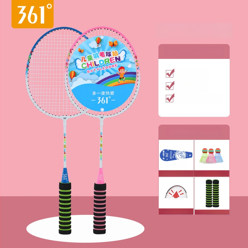 361° Vaikų badminton raketės komplektas – Ferroalloy rėmas, nailono siūlai, svoris 95–100 g, rankenos storis G3, tiesioginio smūgio dizainas