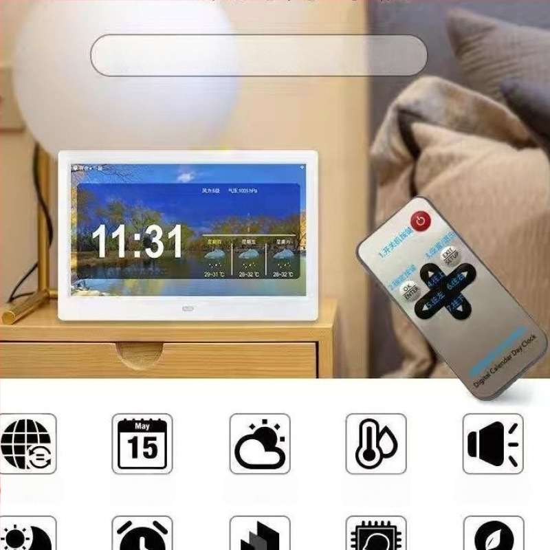 Išmanus sieninis laikrodis su amžinuoju kalendoriumi ir LED rodmenimis, alarm funkcija, išorinis maitinimas, plastikinė korpuso, vienpusis dizainas