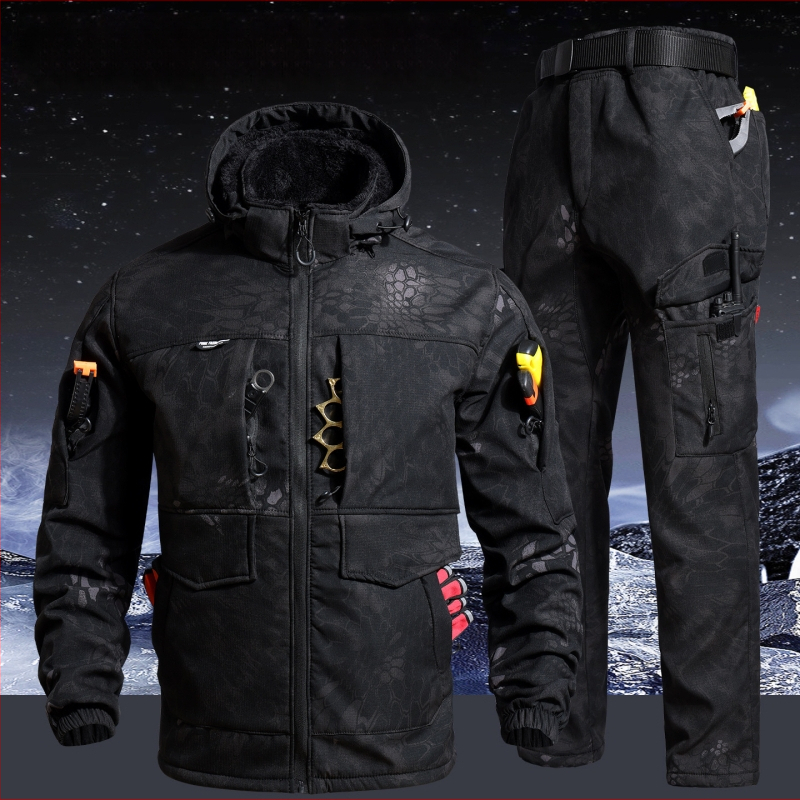 Kamufliažinis fleece darbo komplektas, vėjo atsparus ir šiltas, žieminis švarkas ir kelnės, medvilnės mišinio audinys