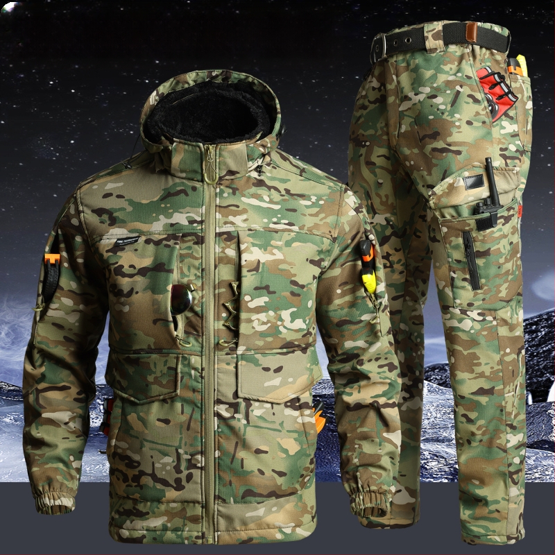 Kamufliažinis fleece darbo komplektas, vėjo atsparus ir šiltas, žieminis švarkas ir kelnės, medvilnės mišinio audinys