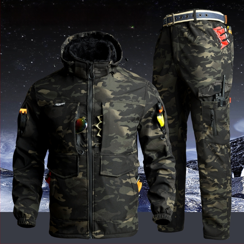 Kamufliažinis fleece darbo komplektas, vėjo atsparus ir šiltas, žieminis švarkas ir kelnės, medvilnės mišinio audinys