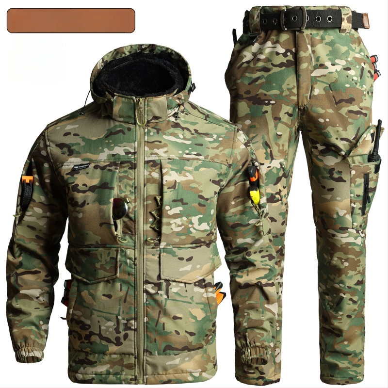 Kamufliažinis fleece darbo komplektas, vėjo atsparus ir šiltas, žieminis švarkas ir kelnės, medvilnės mišinio audinys