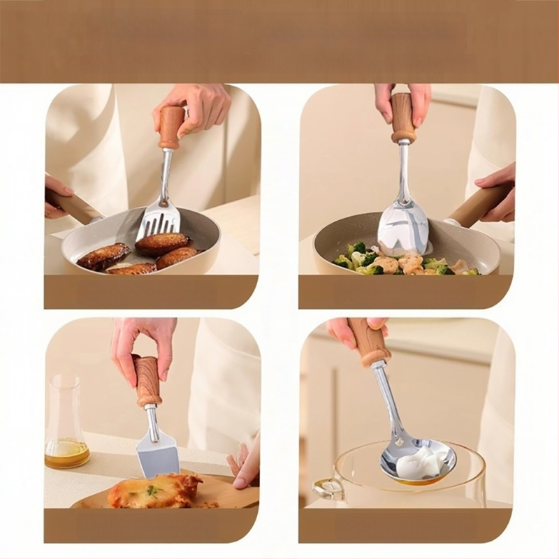 Virtuvės špatučių rinkinys su imitacine medžio rankena (Prekės ženklas: Platinum; Medžiaga: 201+410+PP; Funkcija: neprilimpančios paviršius; Stilius: senovinis, retro)