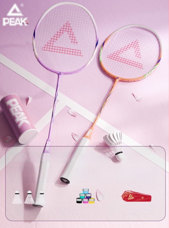 Peak badminton raketė, itin lengvas anglies pluošto rėmas, svoris 95–100 g, rankenos storis G4, raketės tipas: tiesus