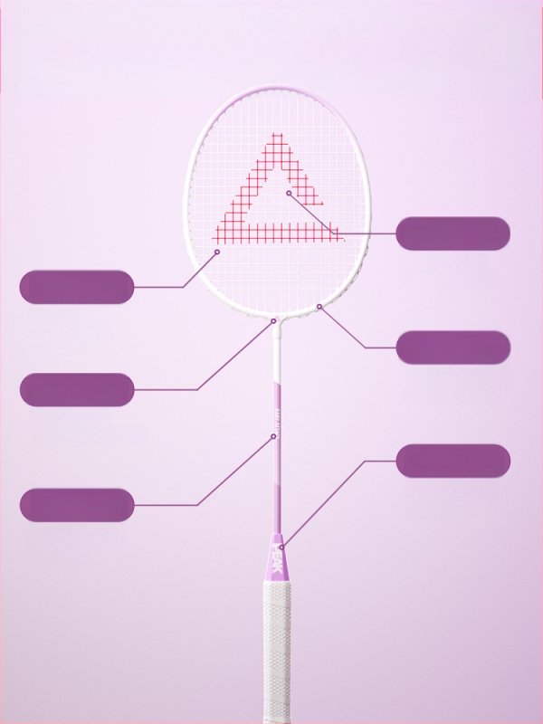 Peak badminton raketė, itin lengvas anglies pluošto rėmas, svoris 95–100 g, rankenos storis G4, raketės tipas: tiesus