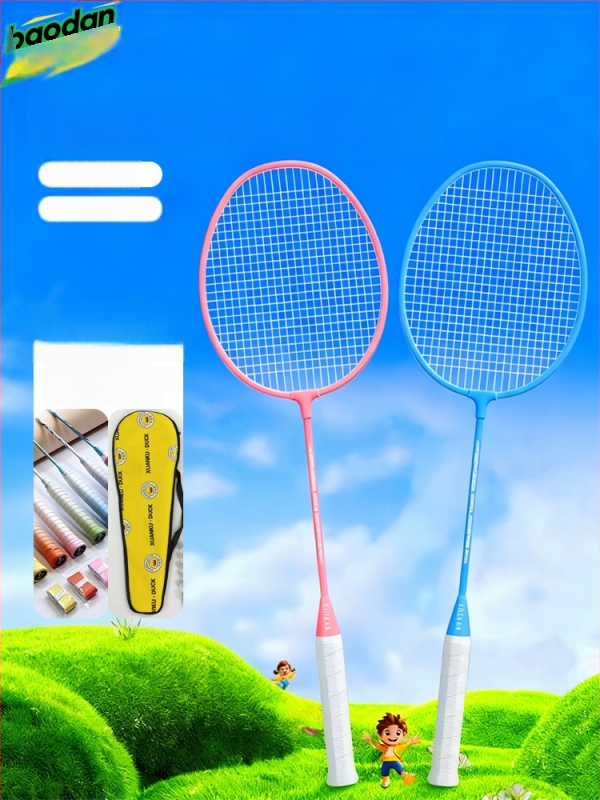 Badminton raketė, plieno lydinio rėmas, nailono virvės, svoris 95–100 g, tiesus kotas, vidutinis standumas