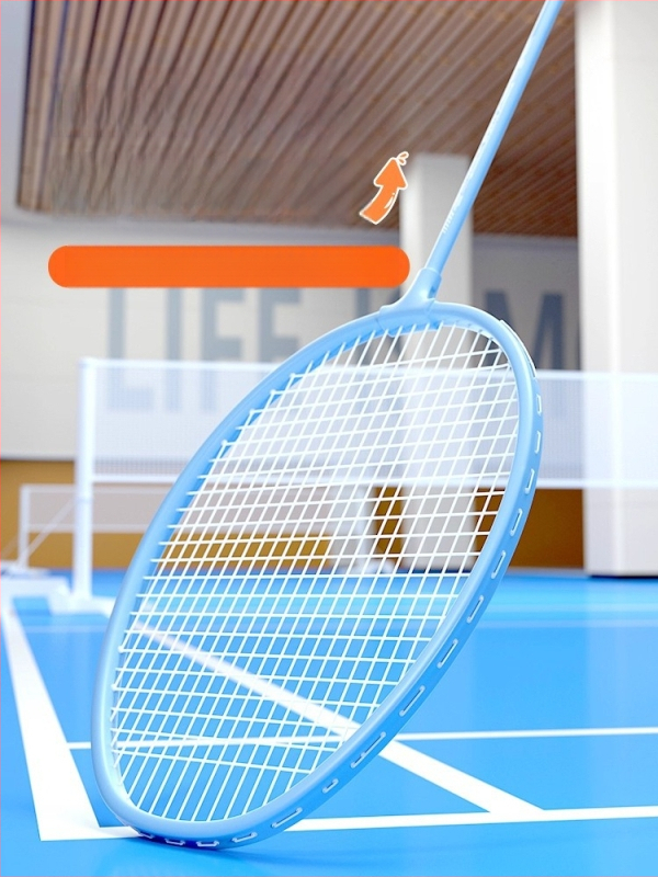 Badminton raketė, plieno lydinio rėmas, nailono virvės, svoris 95–100 g, tiesus kotas, vidutinis standumas