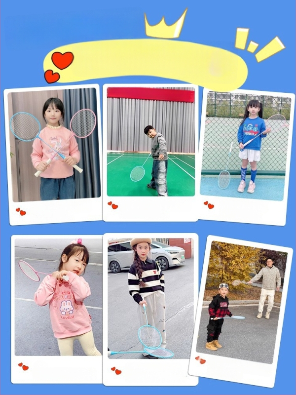 Badminton raketė, plieno lydinio rėmas, nailono virvės, svoris 95–100 g, tiesus kotas, vidutinis standumas