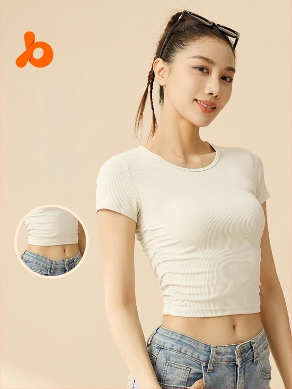 Moteriški dryžuoti sportiniai marškinėliai su trumpomis rankovėmis — drėgmės valdymas, poliesterio + spandekso mišinys (82,5% poliesteris, 17,5% spandeksas), pavasaris 2025