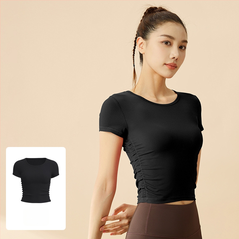 Moteriški dryžuoti sportiniai marškinėliai su trumpomis rankovėmis — drėgmės valdymas, poliesterio + spandekso mišinys (82,5% poliesteris, 17,5% spandeksas), pavasaris 2025