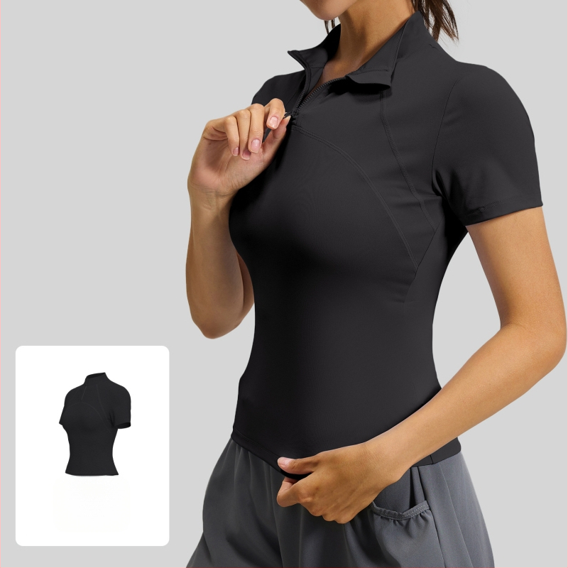 Moteriški trumpi rankovių sportiniai marškinėliai su puse užtrauktuku - liesas siluetas, didelis elastingumas, audinys poliesteris + elastanas 88%/12%, skirta bėgimui, fitnesui ir jogai