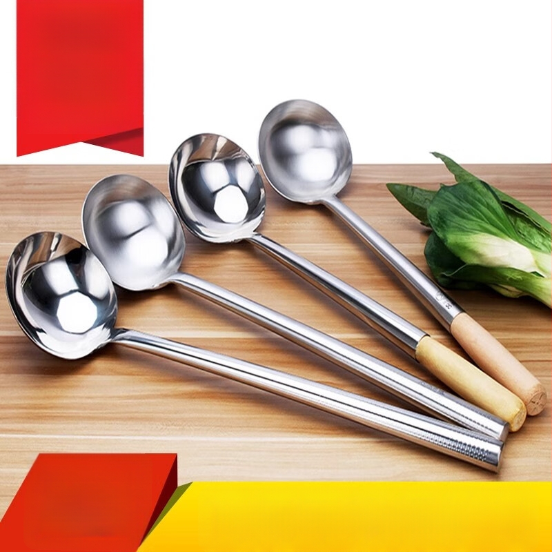Virtuvės šaukštas, nerūdijančio plieno korpusas, rankena medinė arba plieninė, neslidus dizainas