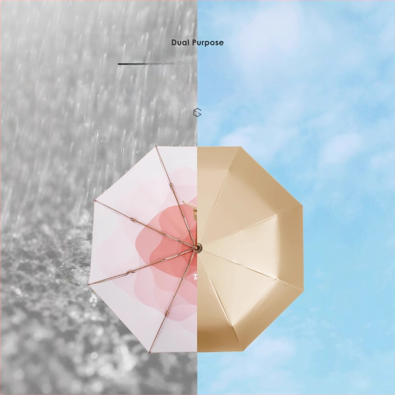 Trys dalimis skėtis nuo saulės su UV apsauga UPF50+, 8 spinduliai, aliuminio kotas, medinė rankena, 210T audinys