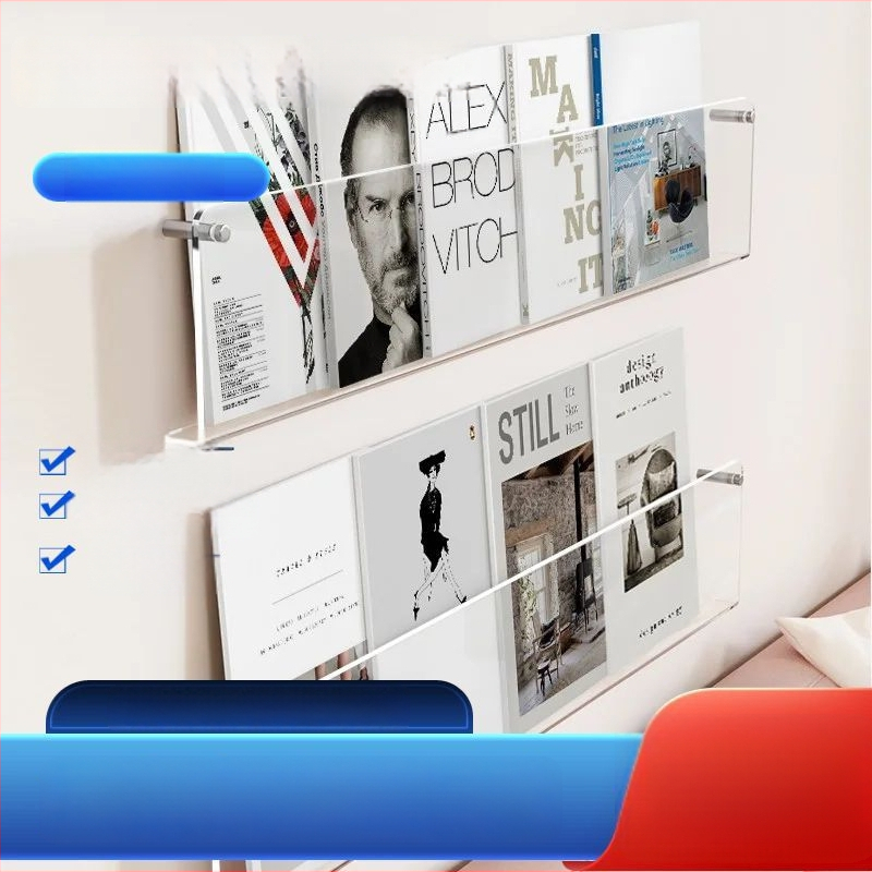 Sieninė knygų lentyna iš skaidraus akrilo, be gręžimo, reguliuojamos lentynos