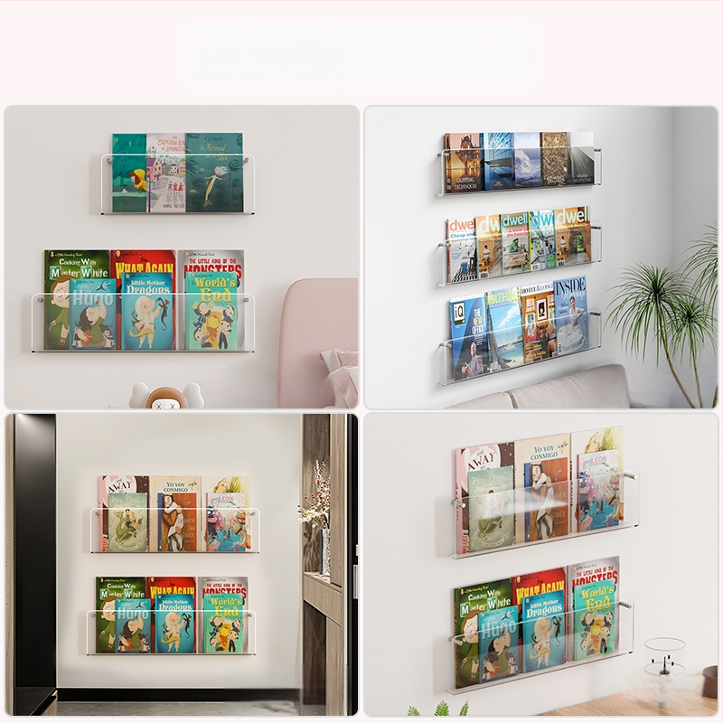 Sieninė knygų lentyna iš skaidraus akrilo, be gręžimo, reguliuojamos lentynos