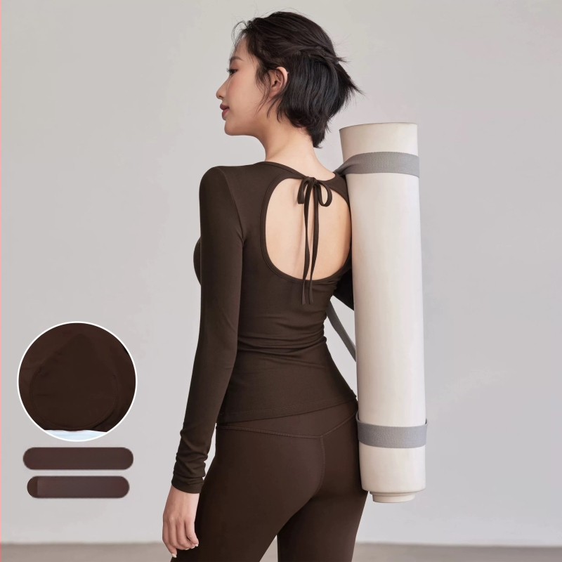 Joga viršūnė su atvira nugara ir virvelinėmis petnešomis, su krūtinės pagalvėle, kvėpuojantis Nailono-Spandekso pluoštas, ilgomis rankovėmis, įprastas ilgis