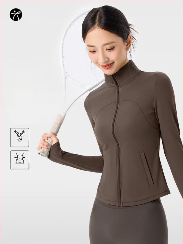 Moteriška fleece sportinis džemperis jogai, ilgomis rankovėmis, siauras kirpimas, stovinti apykaklė su užtrauktuku, pilvo ilgio, storas šilumos