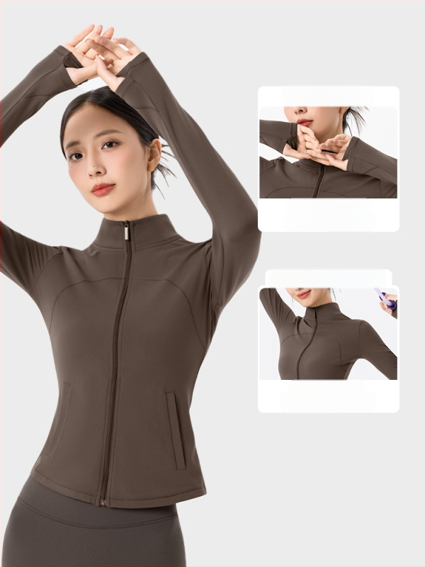 Moteriška fleece sportinis džemperis jogai, ilgomis rankovėmis, siauras kirpimas, stovinti apykaklė su užtrauktuku, pilvo ilgio, storas šilumos